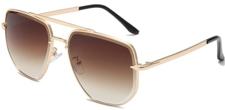 Long Keeper Pilot Sunglasses Mens Womens Oversized Retro Avaiton Sunglasses Gold Frame Mirror & Transparent Lens Driving Sun Glasses Vintage Shades Anti UV400 (Gold Frame - Gradient Brown Lens)
