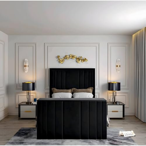 Urban Craft Plush Velvet Upholstered TV Bed with Remote-Controlled Lift Mechanism Luxury Flat Style and Functionality in 3 Size & 6 Colours, Accommodates TVs Up to 54INCH (Plush Black, King)