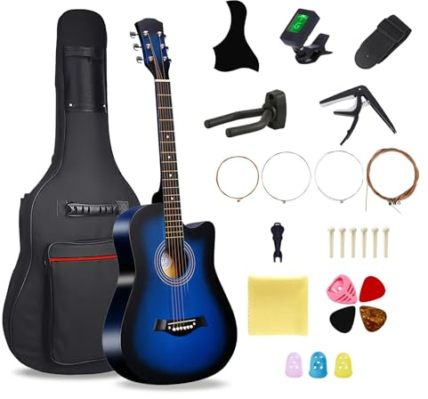 Akustikgitarre aus Holz, 96,5 cm, 6 Stahlsaiten, mit Gitarrentasche und Anfänger-Sets für Anfänger
