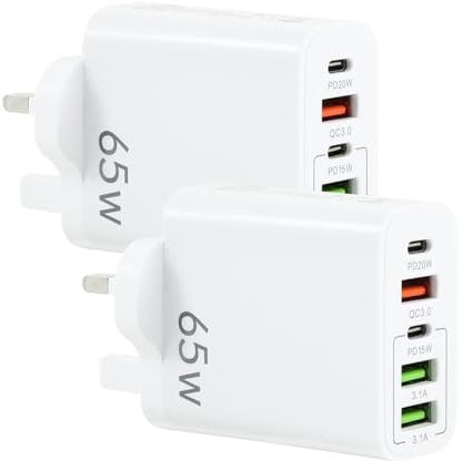 USB Plug Charger, 65W 5-Port Multi Charging Power Adapter with PD 20W Power Adapter QC 3.0 Fast Charging Plug for iPhone Samsung Galaxy, Huawei, Tablet (White, 2pcs)