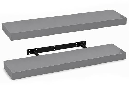 iTrend High Gloss Grey Floating Wall Shelf, Wall Mounted Floating Storage Shelves, Modern Book Shelf Display for Living Room, Bedroom, Kitchen & Bathroom, Bracket Included - 80cm, Pack of 2