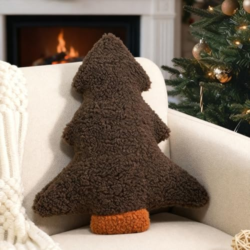 Miaikoe Weihnachtskissen, Dekorative Weihnachtsbaum Kissen gefüllt Baum geformt Plüschkissen für Ferienparty Sofa Wohnzimmer Dekoration (39,3 x 37 cm, Braun)