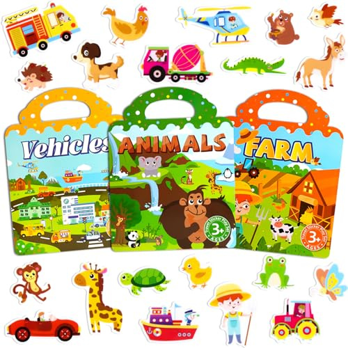 ASTARON 3er-Set Wiederverwendbares Stickerbuch für Kinder, 3D-Sticker, tragbares Reisespielzeug und lehrreiches sensorisches Lernspielzeug für Kleinkinder (3–4 Jahre)