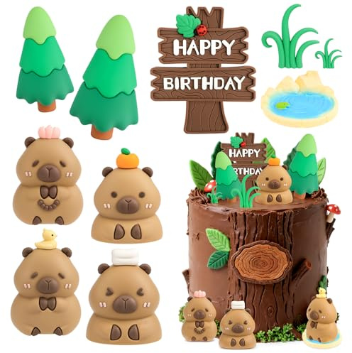 10 PCS Capybara Cake Topper Set,Cute Capybara Figures with Trees,Pond and Happy Birthday Sign, Capybara Party Cake Topper for Birthday Cakes,Nature-Themed Celebrations