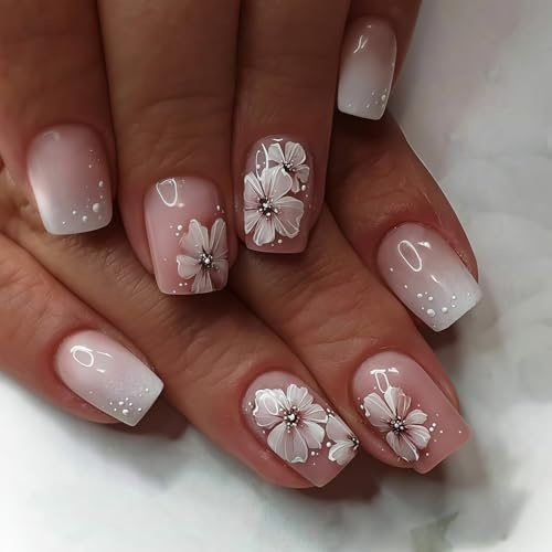 Auroriel 24 Pieces Short Square Press on Nails with White Flowers and Color Gradient Spring Summer Reusable for DIY Manicure