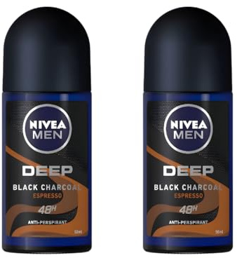 NIVEA MEN DEEP Black Carbon Espresso Anti-Perspirant Roll-On, 50 mL — 72-Hour Odor & Sweat Protection, No Visible Black Residue, Long-Lasting Espresso Scent, Pack Of 2