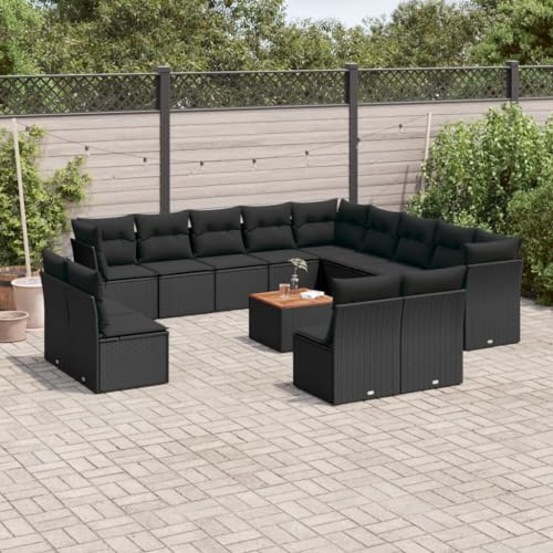 QJBSAVVA 14-TLG. Gartenmöbel Set Schwarz Rattan Ecksofa 62x62x69 cm mit Akazienholztisch, Abwaschbare Kissen, modular für kleinen Balkon, Terrasse oder Garten