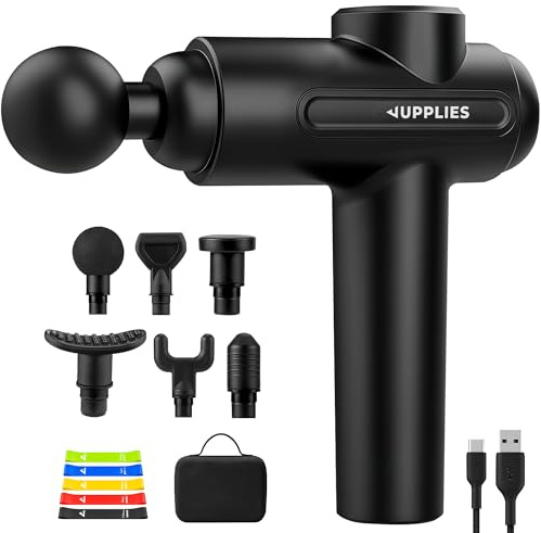 JUPPLIES Pistola de Masaje Muscular con 30 Velocidades, 6 Cabezales, Silenciosa, 5H Autonomía, Pantalla Táctil LCD, Estuche y Carga USB-C para Cervical y Espalda Profesional (Con 5 Bandas)