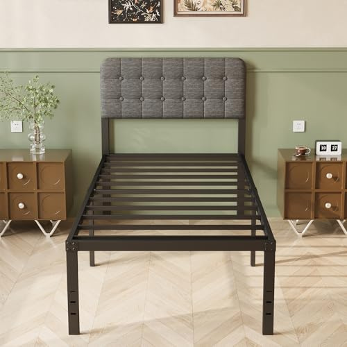 Lutown-Teen 2ft 6 Small Single Bed Frame with Grey Upholstered Headboard | 46 cm High, 75 x 190 cm Heavy Duty Steel Slat Support, Ample Storage Underbed, Easy Assembly, Noise Free