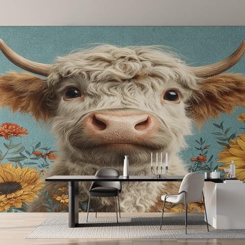 Highland Cow Wallpaper, Farm Animal Country Rustic Wallpaper, Wall Mural for Living Room Bedroom, Home Decor, Photo Wall Paper, 315 x 215 cm KJG&P1