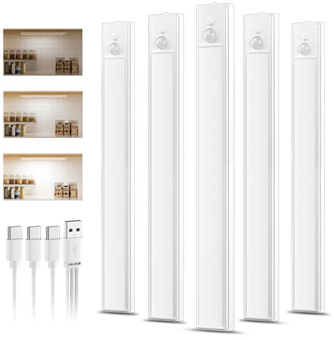 daphomeu 5 Pack Luces led Cocina Recargables,Luz Armario Sensor Movimiento Atenuable tipo C carga,Luz Sensor Movimiento Interior, Lampara Led para estantería, armario de escaleras