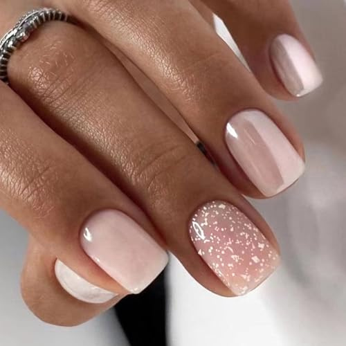 Square Glitter False Nails - 30Pcs Pale Pink Nail Tip - Glossy Cat Eye Press-On Nails with Diamond Design for Women Days Nail Art Accessories (Pale Pink,Glitter)