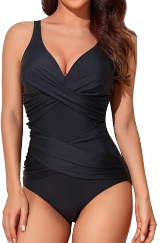 Maillot de Bain Femme 1 Pieces Gainant Amincissante Ventre Plat Femme Taille Haute Col V Push Up Maillot de Bain Une Piece Soutien Gorge Intégré Vintage Swimwear