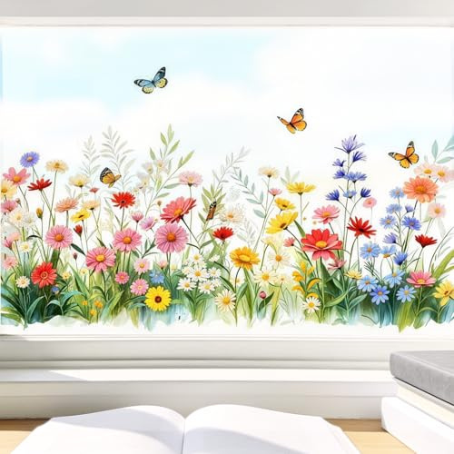3 Sheets Flower Window Clings, Spring Summer Anti-Collision Decals, Double Sided Wildflower Meadow Static Stickers for Home Glass Doors (Daisy and Flower)