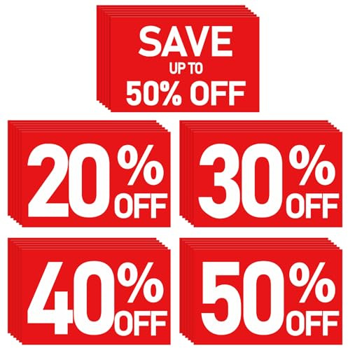 Watersay 30 Pack Percent off Signs of up to 50% Percent off Sign Bundle Pack, 7 x 11: 20%, 30%, 40% & 50%, 6 Each, with Eye Catching White Text on Red Background for Retail Store