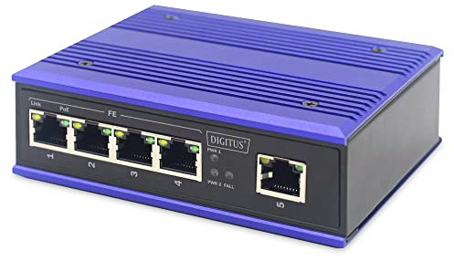 DIGITUS PoE Netzwerk-Switch - 5-Port Fast Ethernet - DIN-Rail Montage - Klemmleiste - Lüfterlos - Schwarz/Blau