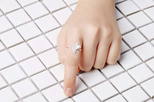 Damen 925 Sterling Silber Luxus Ringe,Farbe: Silber Ginkgo Blumen Öffnen Ringe Imitation Pearl Ginkgo Blatt Ring Für Frauen, Elegante Dame Modeschmuck