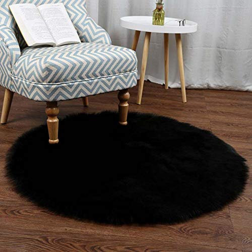Faux Lammfell Teppich Imitat Wolle Plüsch runden Teppich Bodenmatte Schlafzimmer Bettdecke Computer Stuhl hängenden Korb Yoga Fitness,Matte,schwarz,120cm im Durchmesser