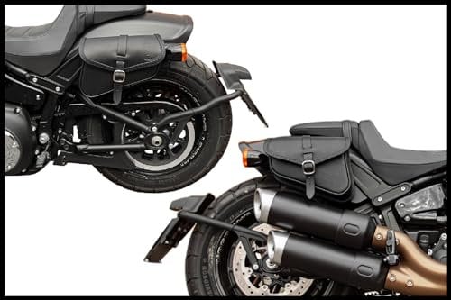 ends cuoio - Seitliche Motorradtasche aus Leder, kompatibel mit Harley Davidson Softail 2018-2024 Fat BOB, Street, Low Rider, Slim - Schneller Magnetverschluss (Taschenpaar-Schwarze STICHE)
