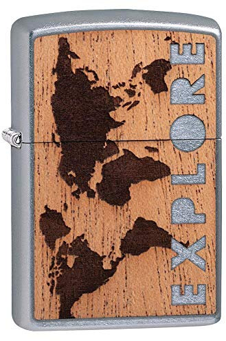Zippo Sturmfeuerzeug - Weltkarte im Mahagoni Holz-Design - Street Chrome, Silber - Emblem - Wiederverwendbar - Windfest - Geschenkbox - Made in USA