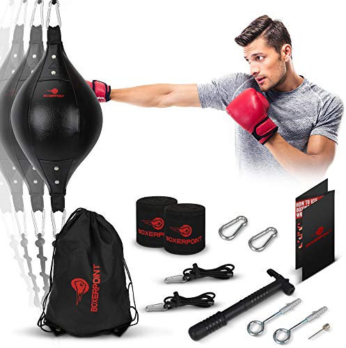 Boxerpoint Sphere Double End Bag - Size S, Black, Classic Egg-Shaped - Boxing Set with Bungee Cords & Carabiners - Speed Bag Kit with Hand Wraps & Pump - Travel Carry Pouch for Boxing Equipment