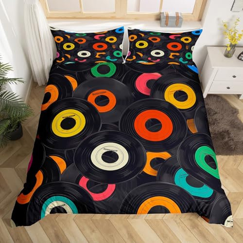 Homewish Bettbezug-Set mit Musik-Thema, bunte Vinyl-Schallplatten, dekorativer Bettbezug (ohne Decke) mit Reißverschluss, weiche Mikrofasertagesdecke (1 Bettbezug + 2 Kissenbezüge), volle Größe