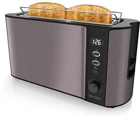 Arendo - Toaster Langschlitz 2 Scheiben - Defrost Funktion - 1000W - Doppelwandgehäuse - Integrierter Brötchenaufsatz - Bräunungsgrade 1-6 - Display mit Restzeitanzeige