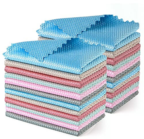 24 Pieces Fish Scale Microfiber Polishing Cleaning Cloth Reusable Microfiber Lint Free Scrubbing Cloth Multi-Purpose Towels for Glass No Watermark Dishes Mirrors Windows, 6 Colors, 9.8” x 9.8”