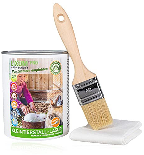 Lixum PRO 100% biologische & natürliche BIO Kleintierstall Holz Lasur, Farbe:Gelb 0.10, Inhalt:500 ml (ca.15m²), inkl. Zubehör:Pinsel