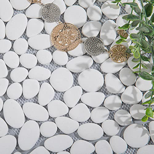 Diflart Pebble Tile for Shower Floor, White Oval, 5 Sheets, Pebble Backsplash for Kitchen Bathroom Wall and Floor Tile