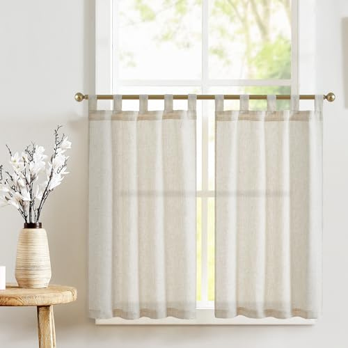 jinchan Beige Kitchen Curtains 24 Inch Linen Farmhouse Tab Top Cafe Curtains Small Window Drapes Flax Country Rustic Light Filtering for Bathroom Laundry Room RV 2 Panels Crude