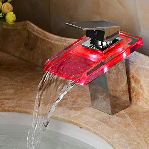 Wasserfall Waschtischarmatur, Beleuchteter Glas LED Wasserhahn Bad Armatur Mischbatterie, Keramikventil, Kaltes und Heißes Wasser Vorhanden
