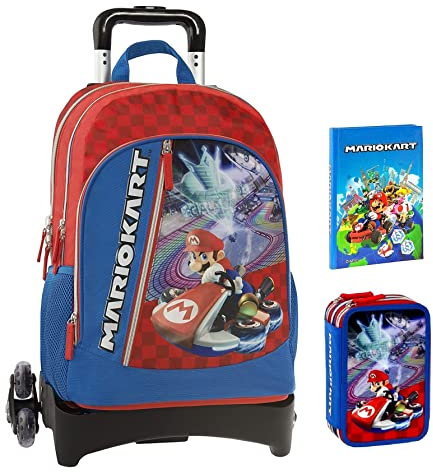 Super Mario Kart Trolley mit abnehmbarem Rucksack + Federmäppchen mit 3 Etagen + Tagebuch 2022/2023 blau + gratis Schlüsselanhänger Super Mario oder Luigi 3D + Gratis farbiger Stift