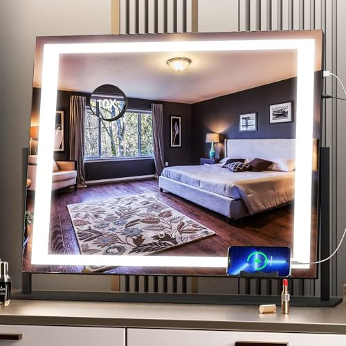 Hasipu Vanity Mirror with Lights, 58 x 48cm LED Makeup Mirror, Light up Mirror with 10X Magnification and Brightness Adjustment, Smart Touch 3 Colors Dimmable, 360° Rotation (Square Black)
