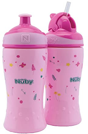 Nuby - 2 Pack di Bottiglie per bere antiproiettile - con cannuccia flip-it 360ml + bottiglia pop-up tazza per bambini - BPA-free - Rosa - 12+ - 18+ mesi