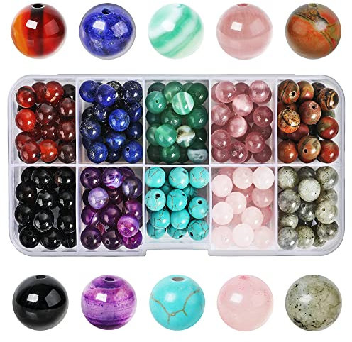 SOSMAR 200pcs Stone Beads, 8mm Crystal Round Beads for Jewellry Making, Rose Quartz/Lapis Lazuli/Turquoise/Agate Craft Bead for Bracelet Necklace Jewellery Making Kits Adults, 10 Colours