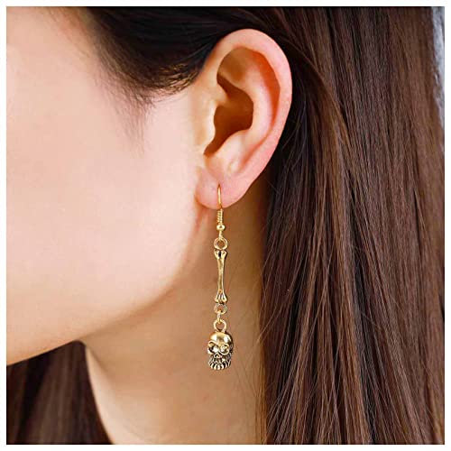 Dervivea Punk Totenkopf Ohrringe - Gold, Dangle, Hypoallergen, Nickelfrei, Bleifrei - Skelett, Halloween - Ohrringe, Schmuck für Frauen und Mädchen