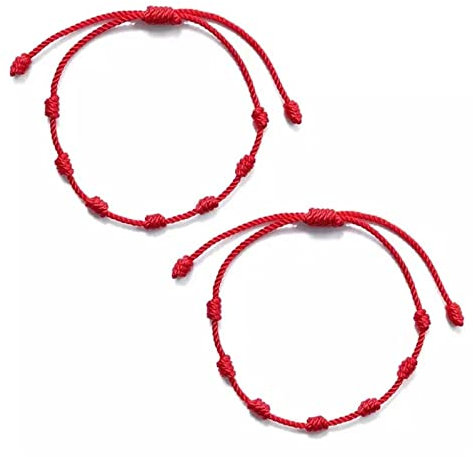 2Pcs Bracciale 7 Nodi e bracciale filo rosso del Destino - Bracciale Kabbalah di corda per Sorte, Amicità e Amuleto - Regolabile - Protezione di Male di Occhio, per Coppia Amore Uomo e Donna