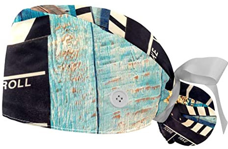 VBFOFBV Scrub Caps Damen 2 Packungen Arbeitskappe mit Pferdeschwanzhalter Verstellbare elastische Bandage Zurückbinden Hüte,Retro Holz Popcorn Film