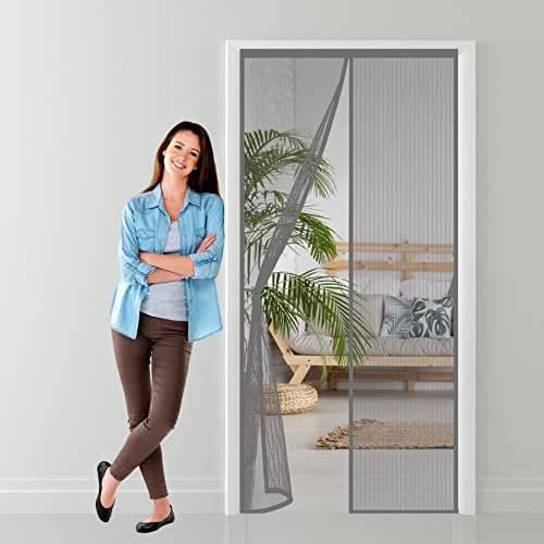 Magnet Wärmeschutzvorhang 95 x 255 cm HäNde Frei Ohne Bohren, Nicht Kürzbar Insektenschutz Spannrahmen Tür Automatisch Verschließen, Nicht Kürzbar für Wohnzimmer Terrassentür, Grau