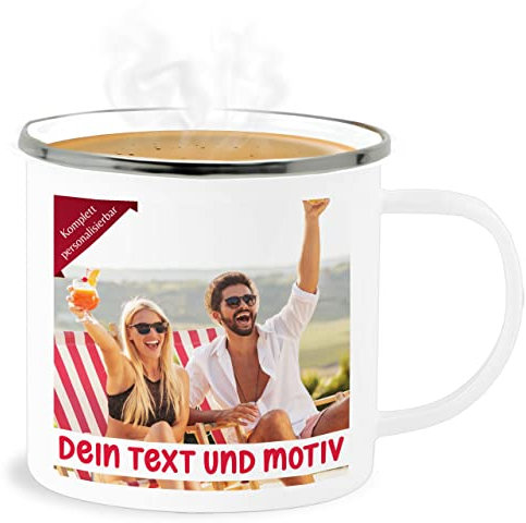 Emaille Becher Blechbecher - eigenem Bild - Eigenes Foto Geschenk I - 300 ml - Weiß Silber - bedrucken fototasse selbst drucken photo tasse foto-becher selber gestalten own tassen fotobecher