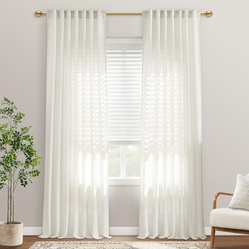 Leinen-Vorhänge, 244 cm lang, für Wohnzimmer, 2 Paneele, Haken, Gürtel, Lichtfilterung, Bauernhaus, cremefarben, natürlich, durchscheinend, für Decke bis Boden, 244 cm Länge, für Schlafzimmer,