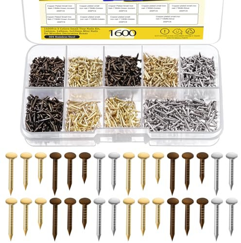 Mardatt 1600Pcs 3 Sizes Small Tiny Nails Assortment Kit, 1x6mm, 1x8mm 1x10mm Tiny Wooden Nails Hardware Tiny Nails Assorted Wall Nails Set for Pictures Hanging Woodworking (Gold Silver Bronze)