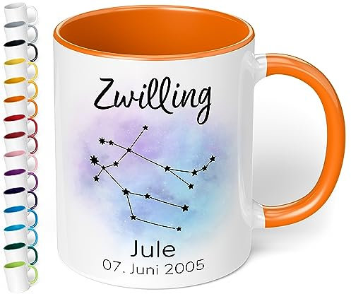 Sternzeichen Tasse mit Namen, Datum und 12 Sternenbilder personalisiert – 330ml Keramik Kaffeebecher, kleine Geschenke für Kollegen Frauen Männer Büro Geburtstag Weihnachten (Orange)