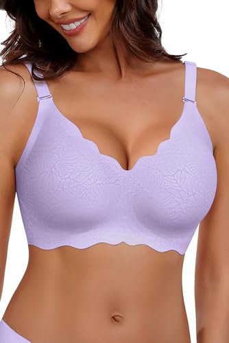 HORISUN Bras for Women No Underwire V Neck Scalloped Wireless Bralettes with Soft Support Comfort Full Coverage Seamless Bra (Light Purple,M)