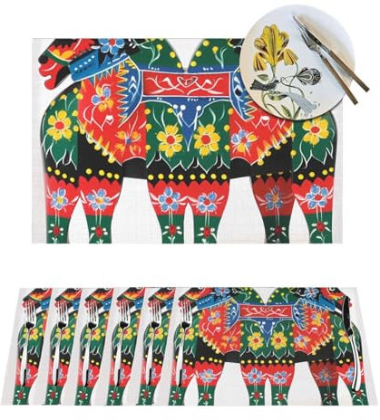 6-teiliges PVC-Platzdeckchen-Set, Tischsets, Läufer, schwedisches Dala-Pferd, rutschfest, gewebt, 30,5 x 45,7 cm, Bauernhaus, langlebiges Tischmatten-Set für Familienessen, Hochzeitsfeiern
