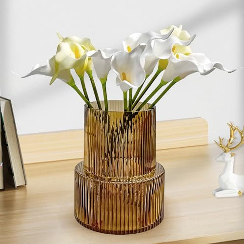 Aoderun Jarrón de cristal para flores, jarrón acanalado, moderno jarrón de flores grande para salón, comedor, cocina, oficina, hogar, boda, fiesta, decoración (ámbar)