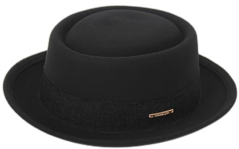Pork-Pie-Hat Wollfilz Bowler Porkpie-Boater Derby-Fedora-Hut für Damen und Herren (M), Schwarz-1, Medium