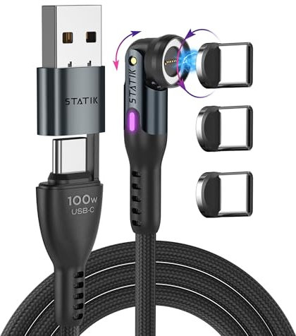 STATIK 360 Pro Magnetisches Ladekabel – 100 W Schnellladung Magnetisches USB C Ladekabel, Magnetisches Ladekabel Kompatibel mit Apple-Geräten, USB-C, Micro-USB, USB-A Adapter – Schwarz 6FT/2M