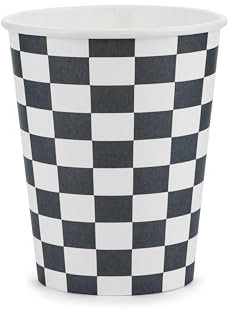 Juego de 6 vasos de papel desechables con diseño de bandera de cuadros de 220 ml, vasos desechables, de cartón, para fiestas temáticas, color negro y blanco